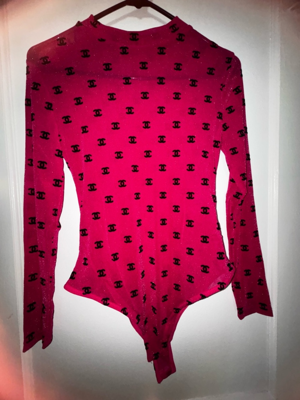 CHANEL Hot Pink Long Sleeve Logo Mesh Bodysuit - Picture 2 of 4